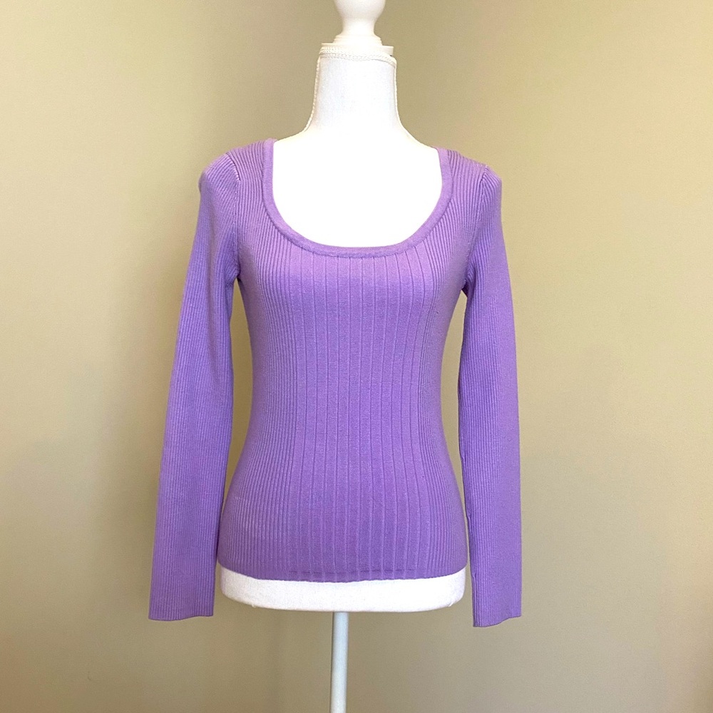 Grape-Purple, Ribbed, Wide Scoop-Neck, Long-Sleeve Sweater